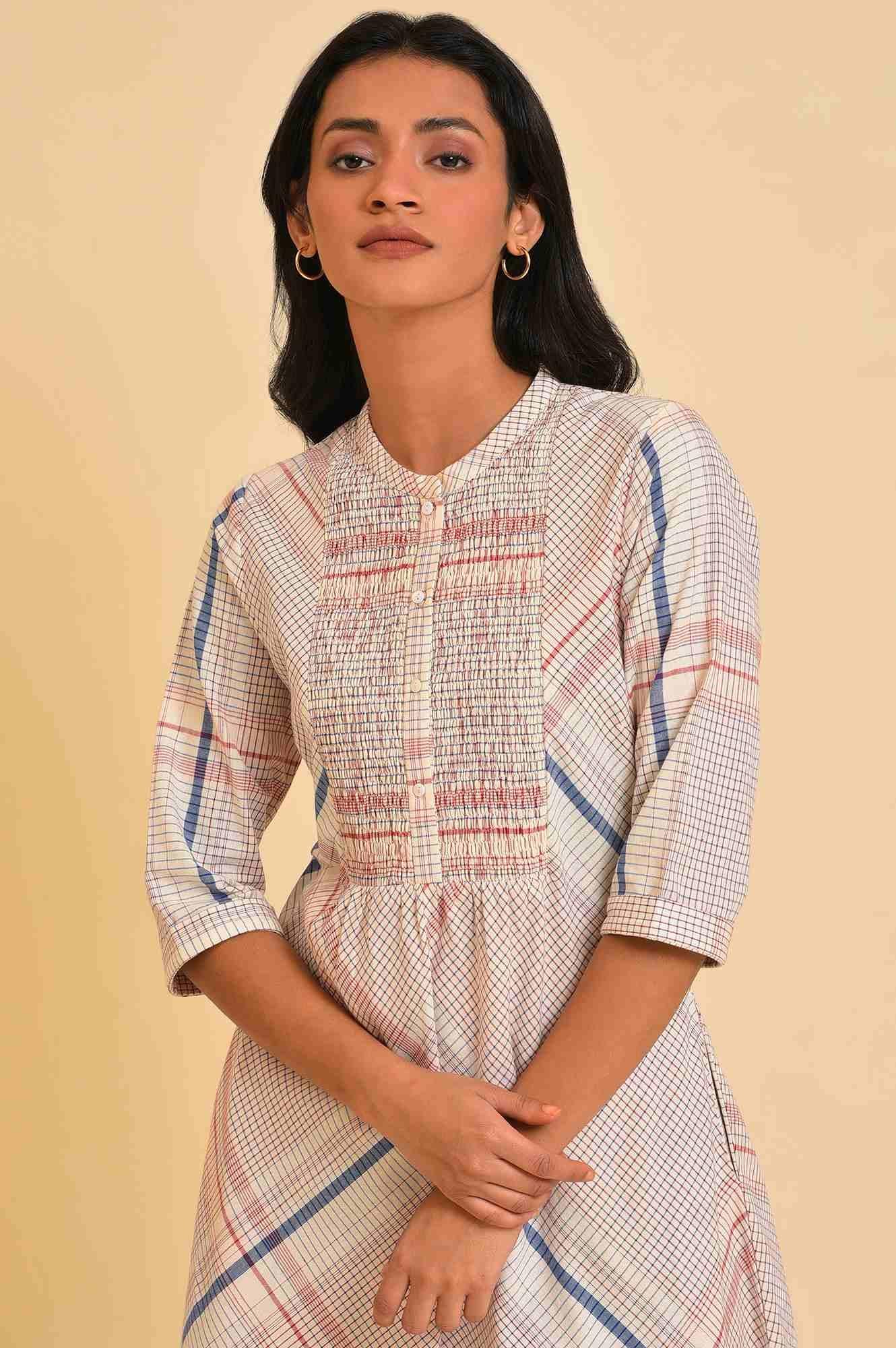 Ecru Bold Checks A-Line kurta & Pants Co-Ord Set - Image 5